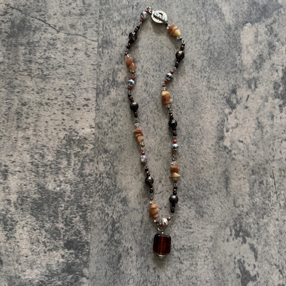 Brown Earth-Toned Beaded Necklace with Pendant